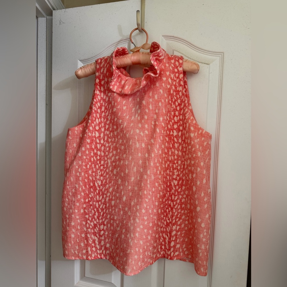 Tuckernuck Linen Blend Mason Sleeveless Ruffle Neck Coral Top with bow